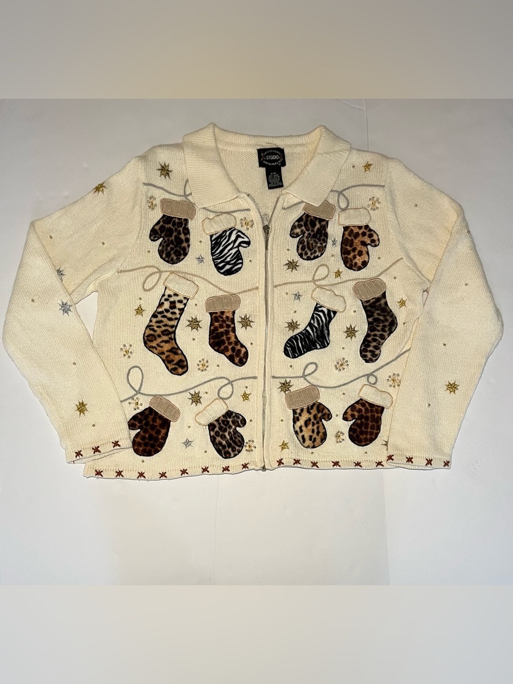 VTG Designers Studio Christmas Cardigan Animal Print Faux Fur, Beading~Kitschy